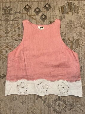 STAUD Pink Linen Tank with White Floral Hem